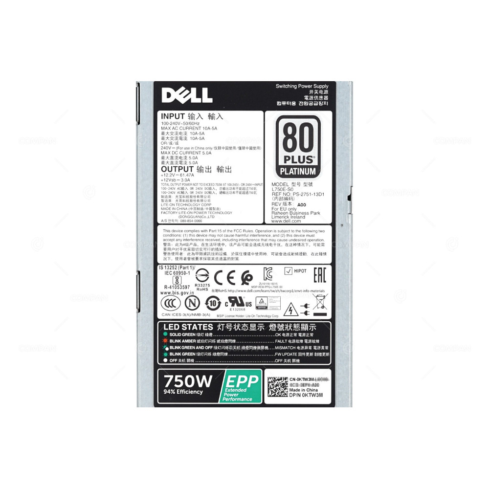 KTW3M DELL 750W EPP 80 PLUS PLATINUM PSU FOR R530 R630 R730 R730XD R930 T430 T630 R530 R640 R740 R740XD R940 T440 T640 0KTW3M, PS-2751-13D1